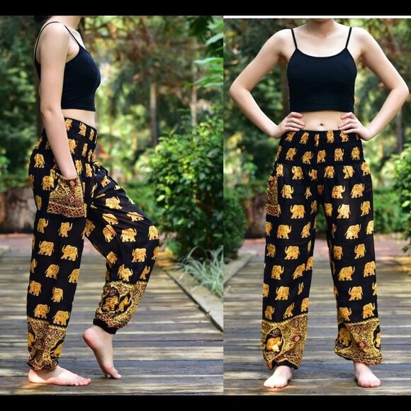 Bohotusk Royal Elephant Print Harem Pants Elasticated Smocked Waist Sz S/M - Picture 3 of 12